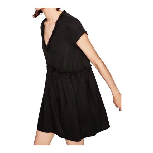 Zara Dresses & Skirts - Zara Small Black Tencel Ruffle Short Sleeve V Neck Mini Dress